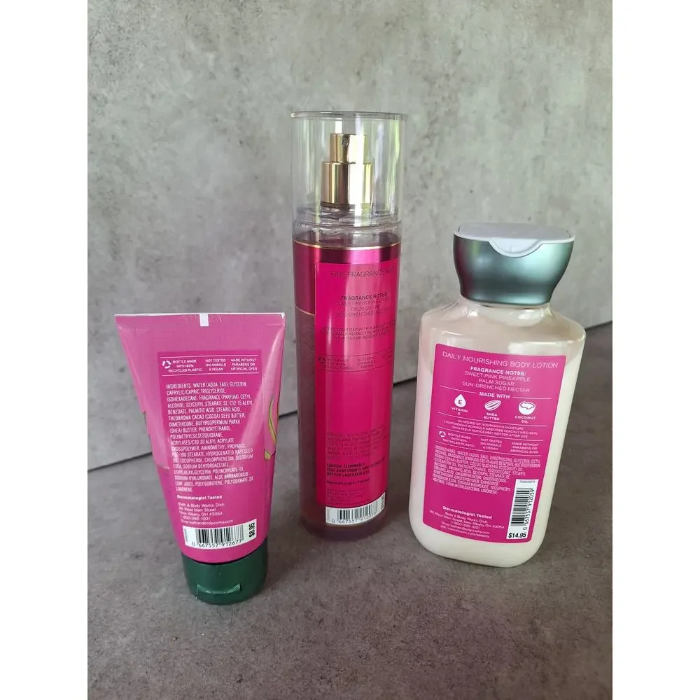 Bath & body works bundle of 3 pink pineapple sunrise body mist lotion hand cream